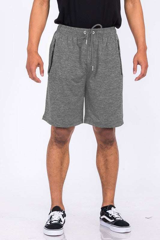 Weiv Marbled Active Running Shorts, gray, polyester-spandex, elastic waist, zippered pockets.
